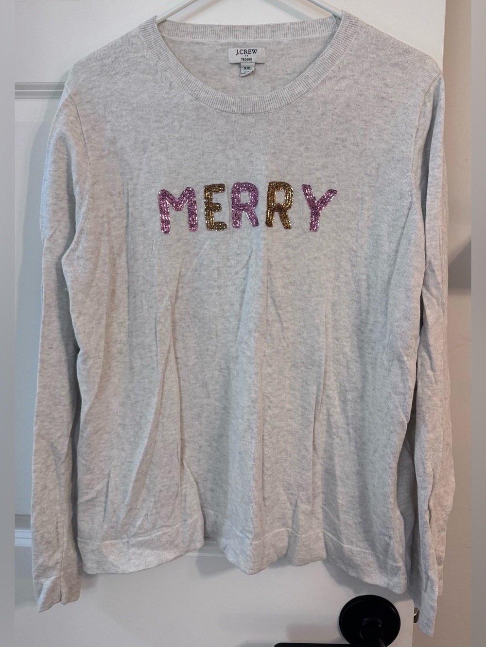 J Crew Factory Teddie Sweater MERRY Christmas Sequin Sparkle Off White XXL